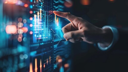 office man finger touch, Double exposure of red line, virtual screen with stock market changes, business candlestick chart, growing number.