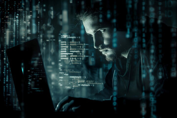 Intense male hacker coding with laptop in a dark, digital data stream environment