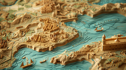 Ancient map. Paper quilling. Cut paper. Paper art. 3D map of a world.