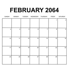 february 2064. monthly calendar design. week starts on sunday. printable, simple, and clean vector design isolated on white background. - obrazy, fototapety, plakaty