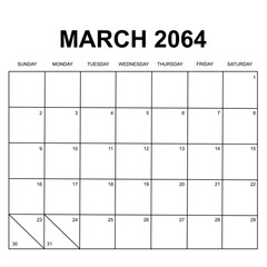 march 2064. monthly calendar design. week starts on sunday. printable, simple, and clean vector design isolated on white background.
