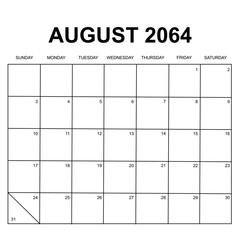 august 2064. monthly calendar design. week starts on sunday. printable, simple, and clean vector design isolated on white background.