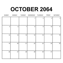 october 2064. monthly calendar design. week starts on sunday. printable, simple, and clean vector design isolated on white background. - obrazy, fototapety, plakaty