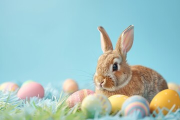 Easter bunny and colorful eggs on blue background. Easter concept, sunny day
