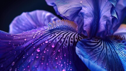 A macro shot of a blue iris petal with water droplets, exuding freshness and tranquility