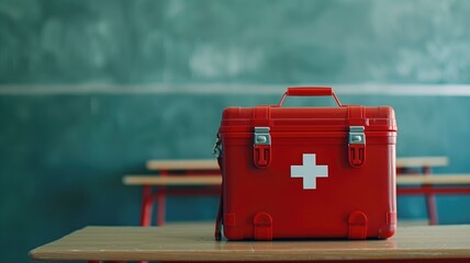 Red first aid kit on a desk in an empty classroom, readiness concept