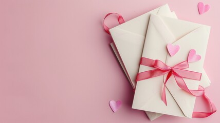 Elegant gift boxes tied with red ribbon and hearts on a pink background, symbolizing affection and celebration