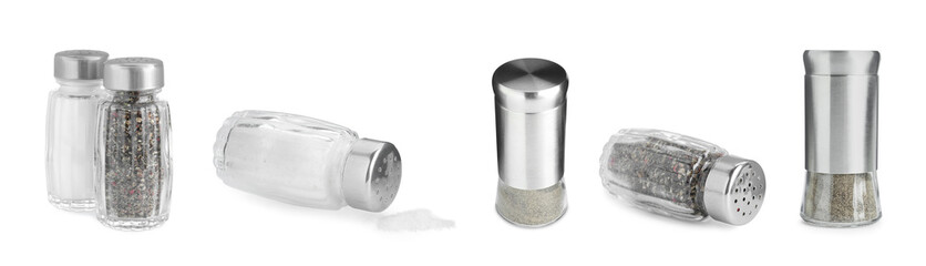 Different salt and pepper shakers isolated on white, set