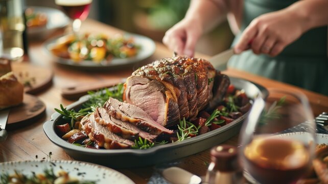 A succulent roast beef served on a dining table, paired with red wine, creating an elegant meal atmosphere
