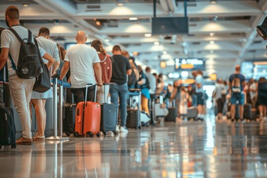 Passengers in airport check-in queue