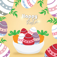 Easter celebration greeting vector design with egg ornaments, rabbits and natural shades combined with natural colors