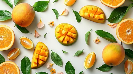 Mango fruit and half with slices isolated on white background. Top view. Flat lay - obrazy, fototapety, plakaty