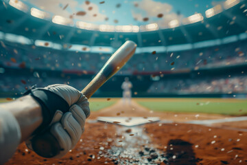Pov of a baseball player holding a bat, with pitcher in focus at the stadium