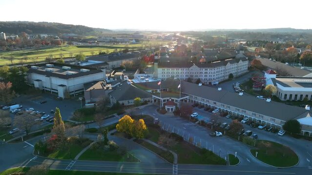 Hershey Lodge hotel in American city, Hershey, Pennsylvania. Sunset in autumn. High aerial shot.