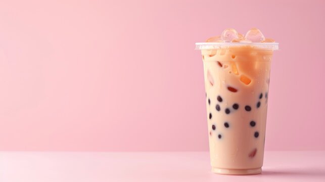 Drink iced milk tea with red bean topping, bubble tea in clear plastic. AI Generated