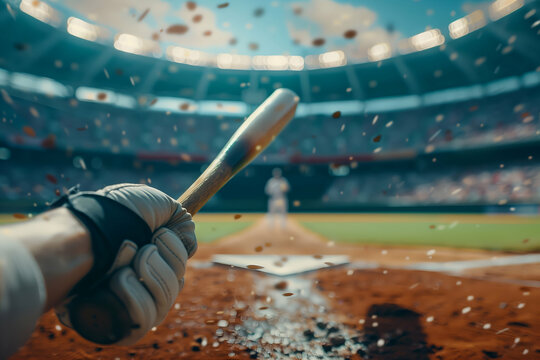 Pov of a baseball player holding a bat, with pitcher in focus at the stadium