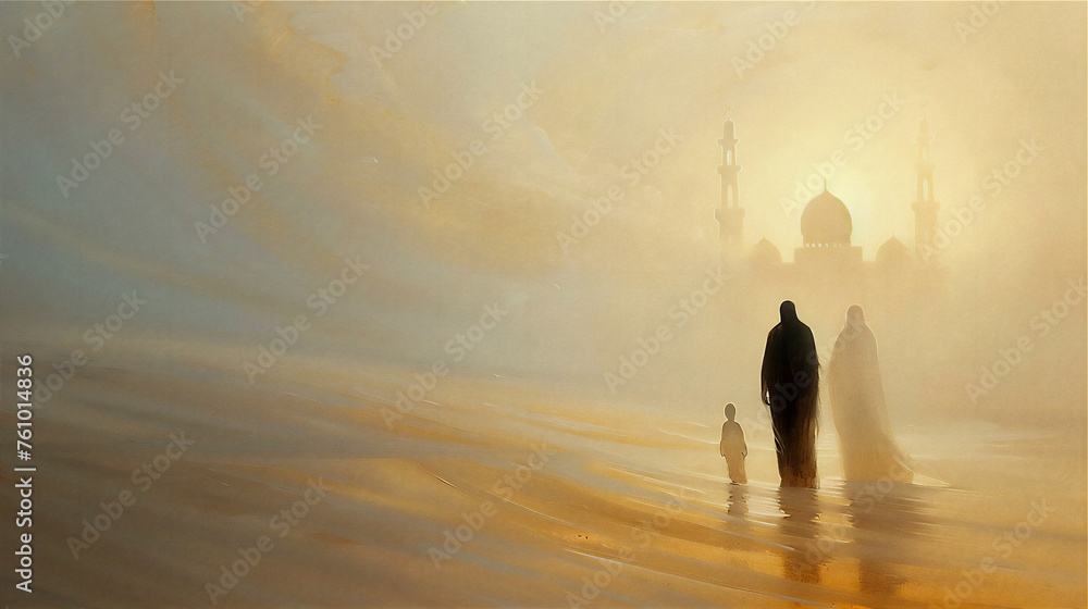 Wall mural Mosque in sunset with minimalist  impression painting style