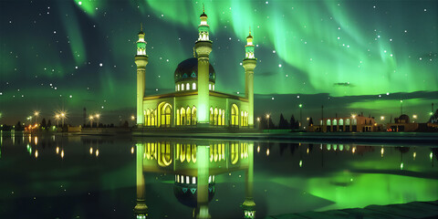 Little Mosque with minaret by the lake in northern at the night with aurora