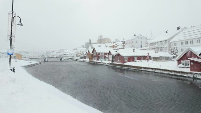 Freezing Atmosphere At Kragero Town During Winter In Norway. Static Shot