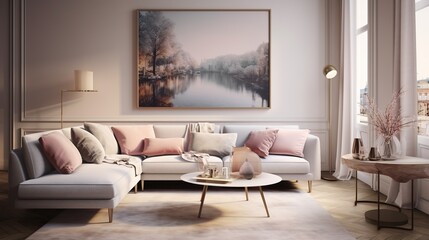 Fototapeta na wymiar Modern monochromatic living room interior composition with elegant background 