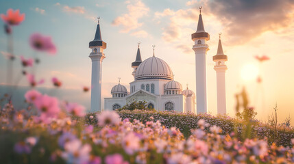 White Mosque with minaret in purple spring flower  park foreground at sunset - obrazy, fototapety, plakaty