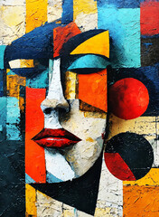 Abstract paining art face portrait as a cubism art.cubism female portrait face with triangles circles and squares. Concept of creative shapes graphics with textured geometric shapes. Geometric face..
