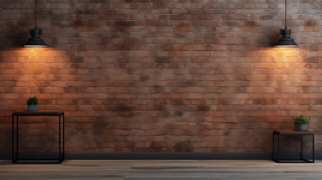 Empty vintage brick wall background with hanging lamp
