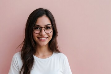 Obraz premium Young Brazilian woman wearing glasses and a white shirt, smiling and looking at the camera, standing on a pink background with copy space.