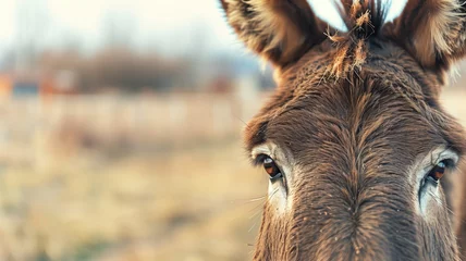 Foto op Plexiglas A close-up portrait of a donkey with expressive eyes in a field setting © Татьяна Макарова