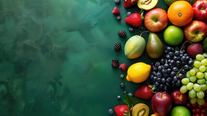A colorful array of fresh fruits artistically arranged on a dark green surface - obrazy, fototapety, plakaty