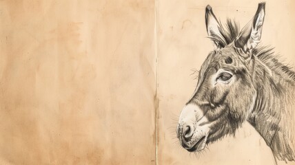 Artistic sketch of a donkey on vintage paper, capturing the animal's calm demeanor in detailed pencil strokes