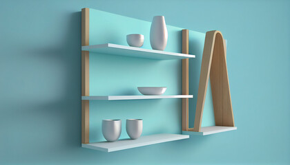 Modern hanging shelf display with minimal style on light blue background. Blank product shelves panel. 3D rendering Ai generated image
