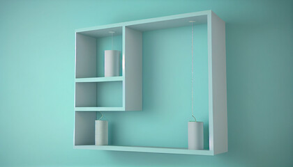 Modern hanging shelf display with minimal style on light blue background. Blank product shelves panel. 3D rendering Ai generated image