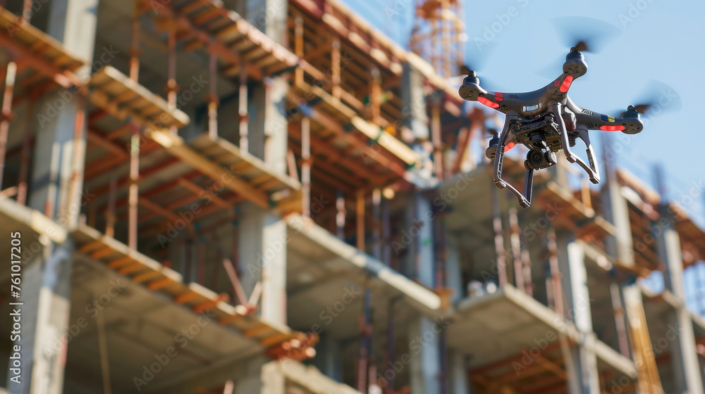 Poster extreme closeup of a drones propellers as it hovers next to a partially constructed building. the sy