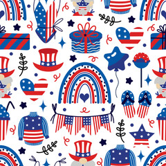 The 4th of July seamless vector pattern. American Independence Day celebration - balloons, stars, rainbow, traditional hat, gifts, USA flags. Pride and liberty. National event, patriotic background