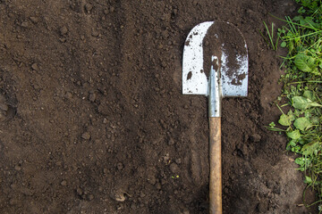 Brown dark soil ground texture background with copyspace and shovel and green grass top view....
