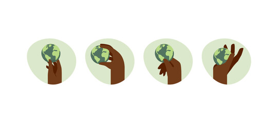 Set of human hand holding Earth globe. Concept of Earth Day and World Environment Day. Vector Illustration.