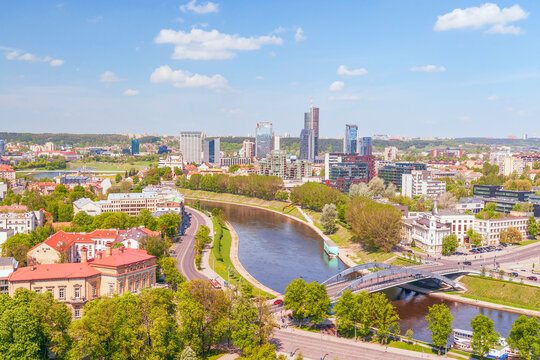 Aerial view of the Neris river and the downtown of Vilnius on a sunny spring day
