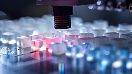 A closeup image of a laboratory setup featuring a small speaker emitting a powerful sound wave towards an array of small precisely p plastic cubes. The cubes are coated in