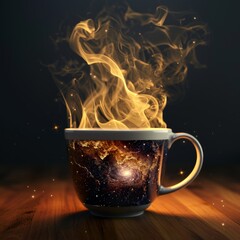 3D render A steaming cup of tea with a swirling nebula suspended in the liquid.