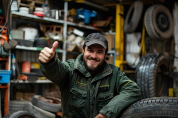 Happy mechanic showing thumbs up near tire in auto repair shop.