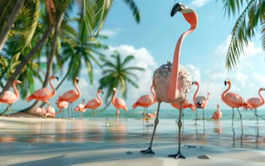 A 3D rendering of a flamingo as a yoga instructor, teaching poses to other birds on a tropical beach