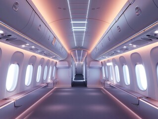 An empty commercial aircraft corridor illuminated with ambient light showcasing modern aviation design and comfort
