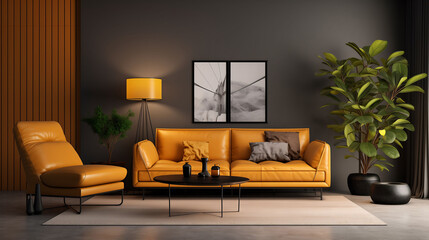 Modern living room interior design with sofa and poster frame.