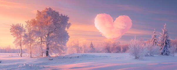 Gentle heart cloud above a snowy landscape soft pink sunset trees frosted with snow