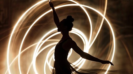 Graceful dancer amidst spirals of light capturing the beauty of movement for a dance studio advert