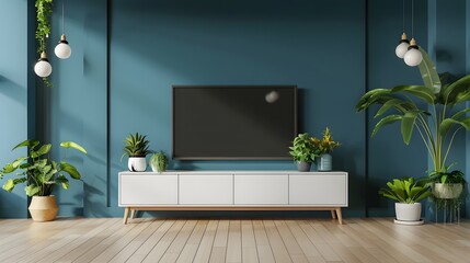 Interior mock up living room. cabinet for TV or place object in modern living room with lamp,table,flower and plant - obrazy, fototapety, plakaty