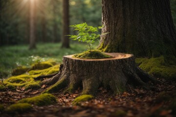 Young tree growing on old tree stump in sunlight