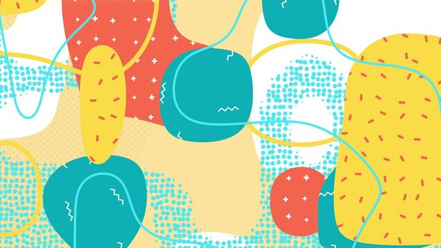 80s-90s style looping animated abstract background. Colourful moving shapes and lines with dots, plusses and zigzag symbols. Yellow, red, blue. Fun trendy Memphis Design animation.