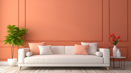 Minimalist fabric sofa interior with pink living room wall background
